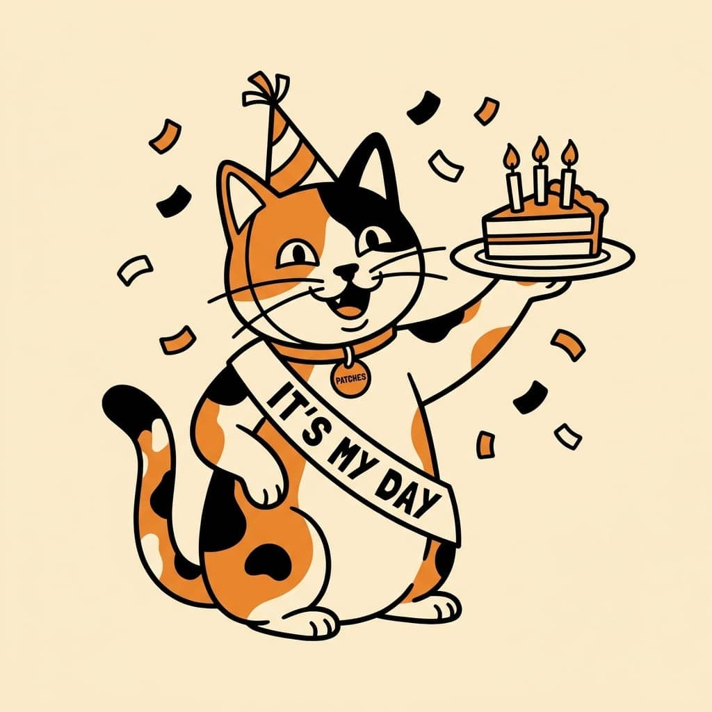 Patches the calico cat turned into a birthday cartoon